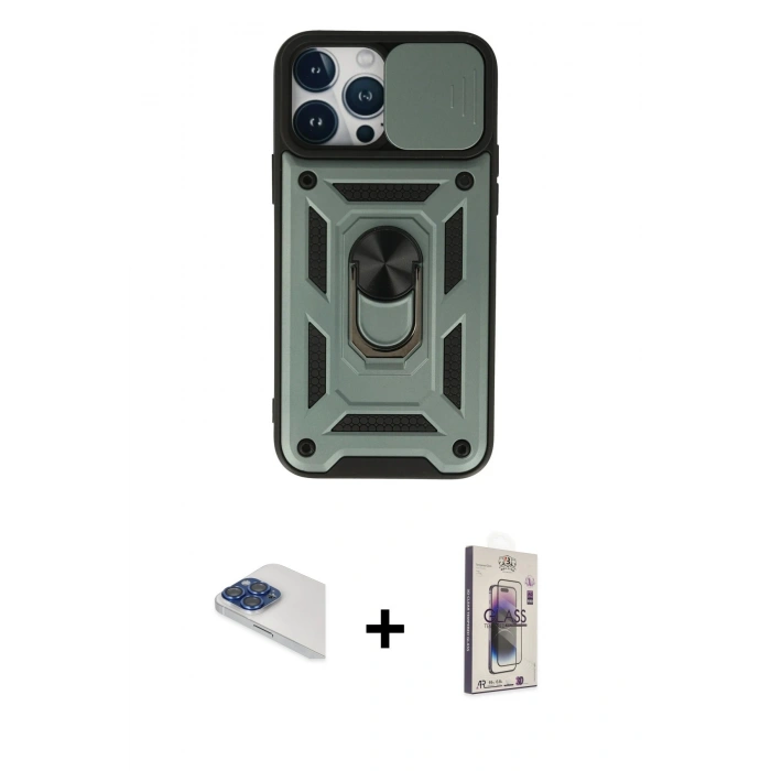 MARSİLYAN™- iPhone 13 Pro Max Kılıf Ahenk Klasik - Siyah Bilvis 3D Cam Ekran Koruyucu + Pers Alüminyum Kamera Lens - LT