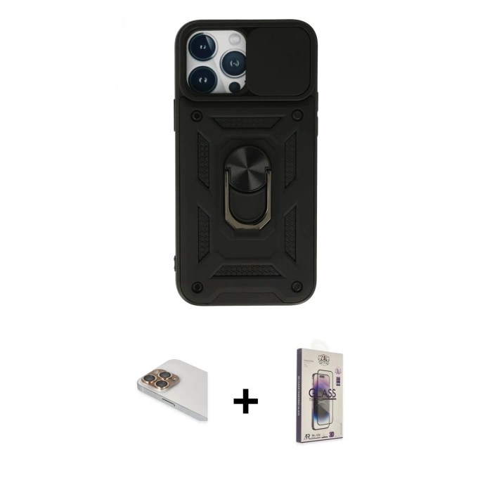 MARSİLYAN™- iPhone 13 Pro Max Kılıf Ahenk Klasik - Siyah Bilvis 3D Cam Ekran Koruyucu + Pers Alüminyum Kamera Lens - GD