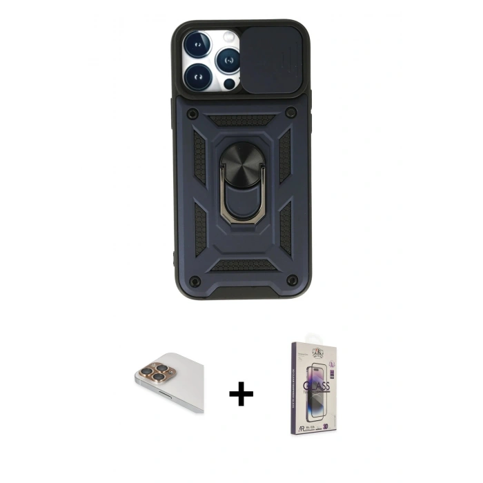MARSİLYAN™- iPhone 13 Pro Max Kılıf Ahenk Klasik - Siyah Bilvis 3D Cam Ekran Koruyucu + Pers Alüminyum Kamera Lens - GD