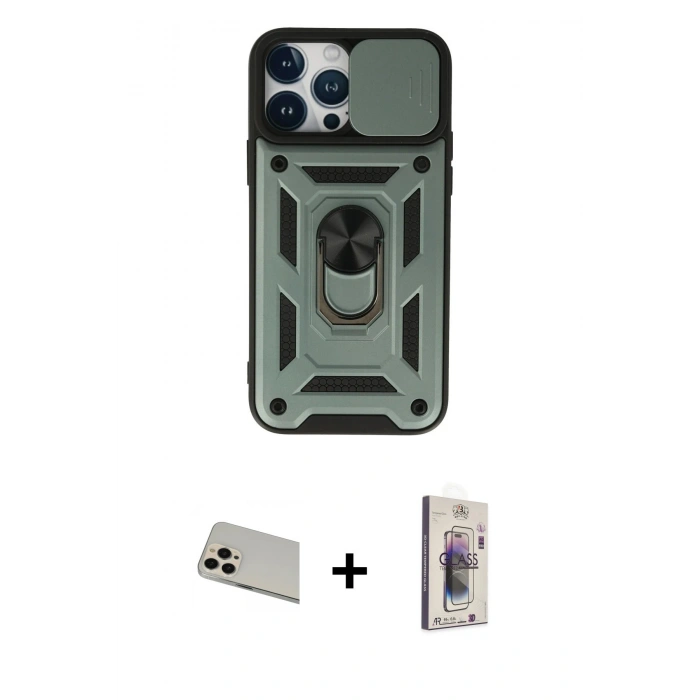 MARSİLYAN™- iPhone 13 Pro Max Kılıf Ahenk Klasik - Siyah Bilvis 3D Cam Ekran Koruyucu + Rainbow Kamera Lens Koruma Cam - REGD