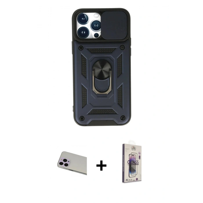 MARSİLYAN™- iPhone 13 Pro Max Kılıf Ahenk Klasik - Siyah Bilvis 3D Cam Ekran Koruyucu + Rainbow Kamera Lens Koruma Cam - MR