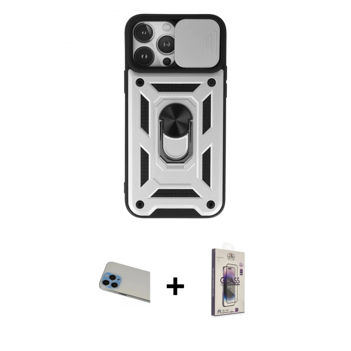 MARSİLYAN™- iPhone 13 Pro Max Kılıf Ahenk Klasik - Siyah Bilvis 3D Cam Ekran Koruyucu + Rainbow Kamera Lens Koruma Cam - MI