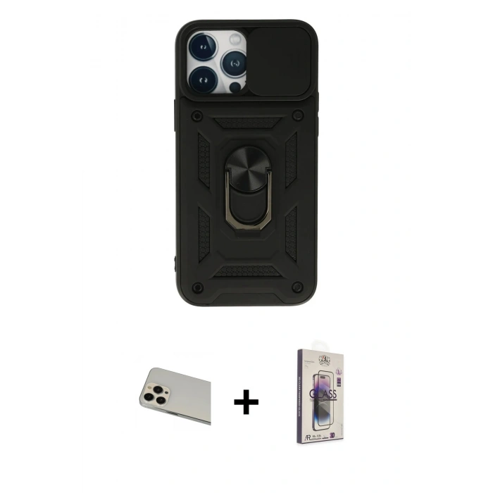 MARSİLYAN™- iPhone 13 Pro Max Kılıf Ahenk Klasik - Siyah Bilvis 3D Cam Ekran Koruyucu + Rainbow Kamera Lens Koruma Cam - REGD