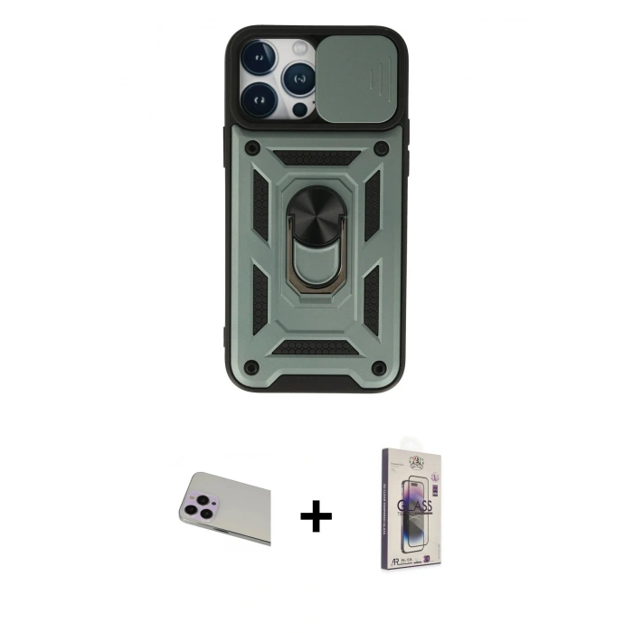 MARSİLYAN™- iPhone 13 Pro Max Kılıf Ahenk Klasik - Siyah Bilvis 3D Cam Ekran Koruyucu + Rainbow Kamera Lens Koruma Cam - MR