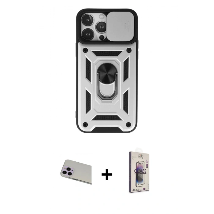 MARSİLYAN™- iPhone 13 Pro Max Kılıf Ahenk Klasik - Siyah Bilvis 3D Cam Ekran Koruyucu + Rainbow Kamera Lens Koruma Cam - MR