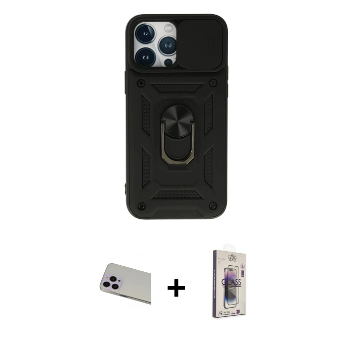 MARSİLYAN™- iPhone 13 Pro Max Kılıf Ahenk Klasik - Siyah Bilvis 3D Cam Ekran Koruyucu + Rainbow Kamera Lens Koruma Cam - MR