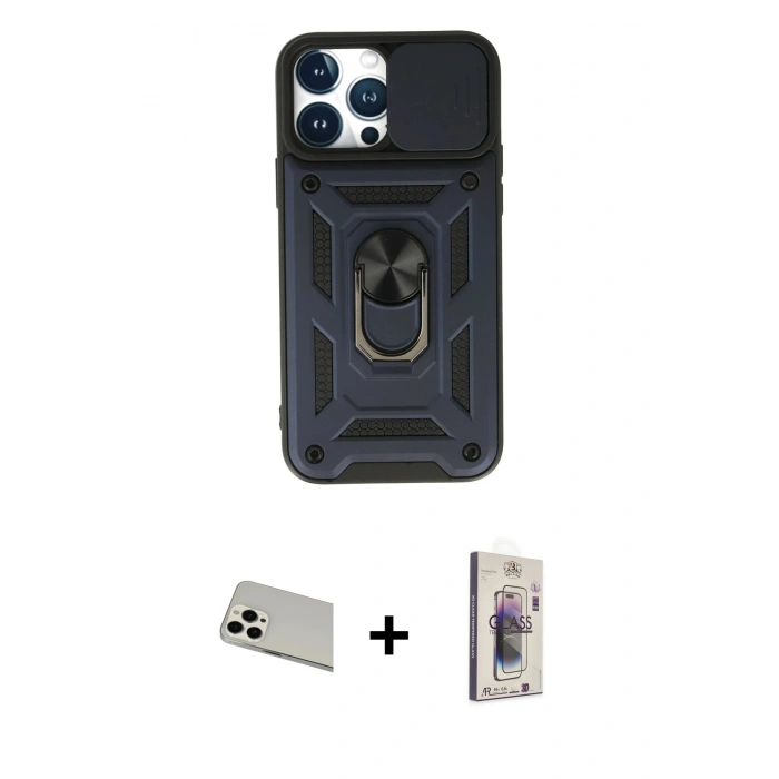 MARSİLYAN™- iPhone 13 Pro Max Kılıf Ahenk Klasik - Siyah Bilvis 3D Cam Ekran Koruyucu + Rainbow Kamera Lens Koruma Cam - BZ