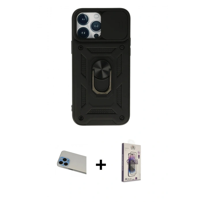 MARSİLYAN™- iPhone 13 Pro Max Kılıf Ahenk Klasik - Siyah Bilvis 3D Cam Ekran Koruyucu + Rainbow Kamera Lens Koruma Cam - MI