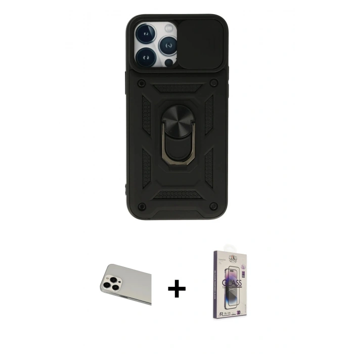 MARSİLYAN™- iPhone 13 Pro Max Kılıf Ahenk Klasik - Siyah Bilvis 3D Cam Ekran Koruyucu + Rainbow Kamera Lens Koruma Cam - BZ