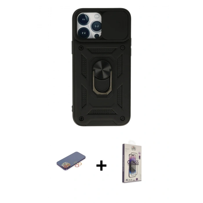 MARSİLYAN™- iPhone 13 Pro Max Kılıf Ahenk Klasik - Siyah Bilvis 3D Cam Ekran Koruyucu + Renkli Kamera Lens Koruma Cam - TU