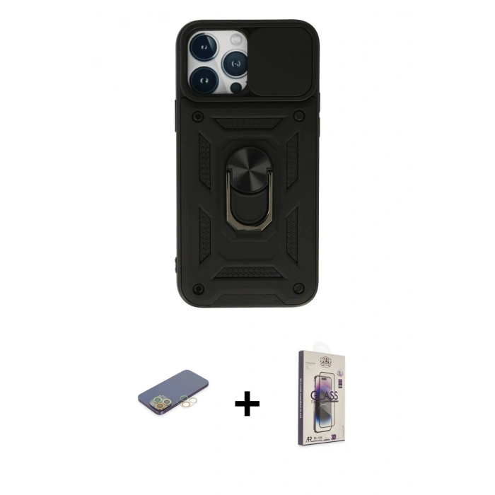 MARSİLYAN™- iPhone 13 Pro Max Kılıf Ahenk Klasik - Siyah Bilvis 3D Cam Ekran Koruyucu + Renkli Kamera Lens Koruma Cam - SI