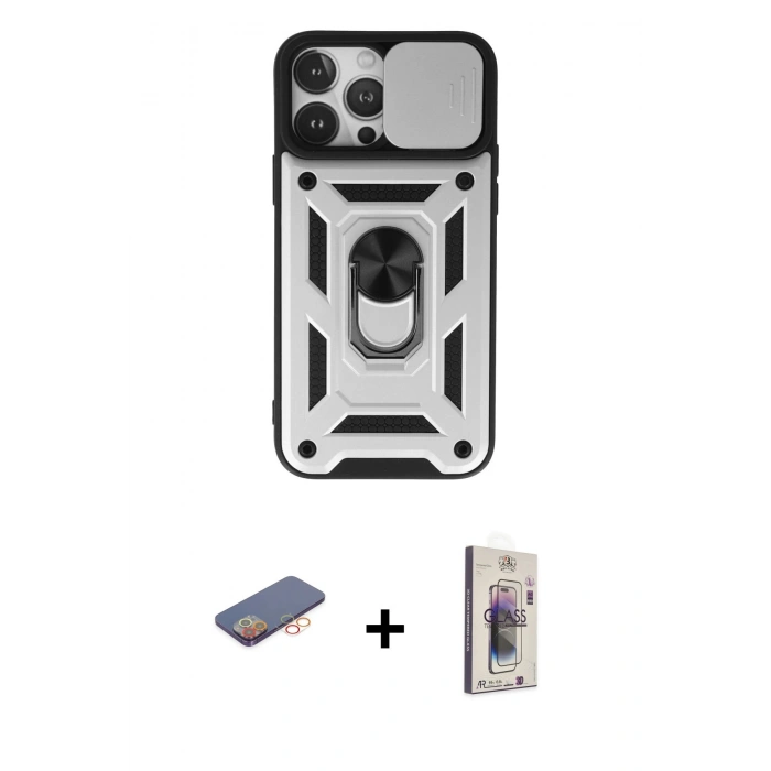 MARSİLYAN™- iPhone 13 Pro Max Kılıf Ahenk Klasik - Siyah Bilvis 3D Cam Ekran Koruyucu + Renkli Kamera Lens Koruma Cam - TU