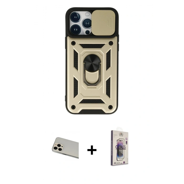 MARSİLYAN™- iPhone 13 Pro Max Kılıf Ahenk Klasik - Siyah Bilvis 3D Cam Ekran Koruyucu + Rainbow Kamera Lens Koruma Cam - REGD