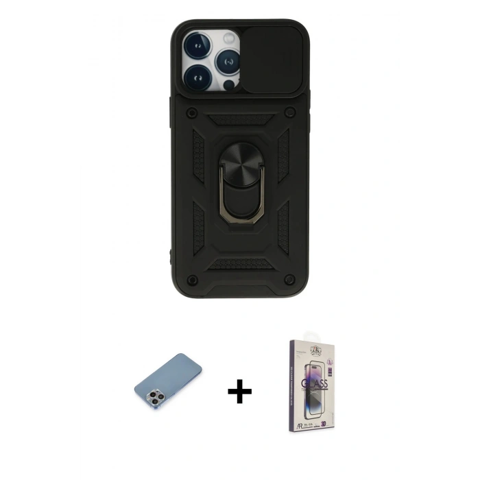 MARSİLYAN™- iPhone 13 Pro Max Kılıf Ahenk Klasik - Siyah Bilvis 3D Cam Ekran Koruyucu + Shine Kamera Lens Koruma Cam - GI