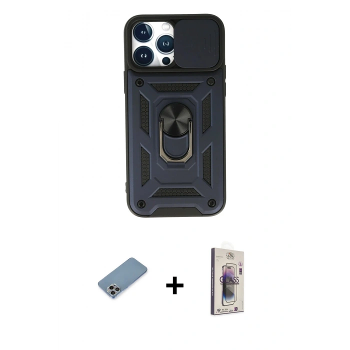 MARSİLYAN™- iPhone 13 Pro Max Kılıf Ahenk Klasik - Siyah Bilvis 3D Cam Ekran Koruyucu + Shine Kamera Lens Koruma Cam - GI