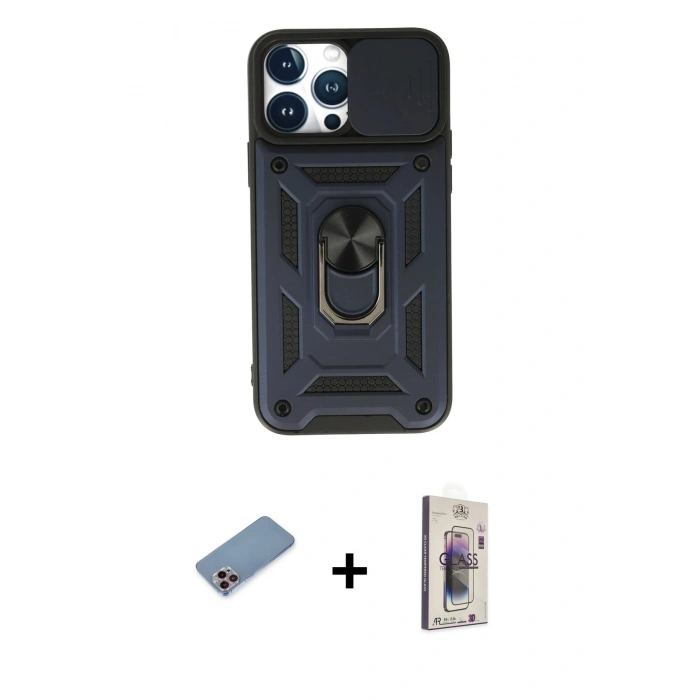 MARSİLYAN™- iPhone 13 Pro Max Kılıf Ahenk Klasik - Siyah Bilvis 3D Cam Ekran Koruyucu + Shine Kamera Lens Koruma Cam - PE