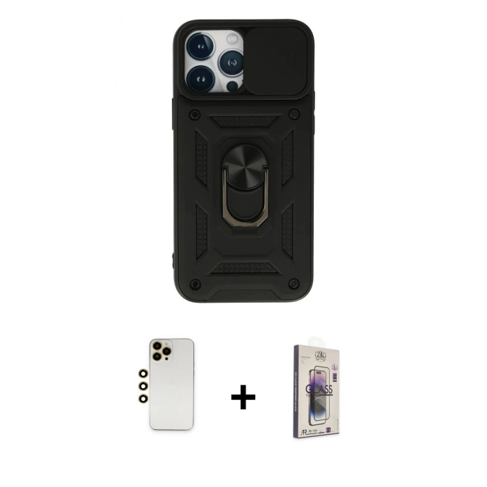 MARSİLYAN™- iPhone 13 Pro Max Kılıf Ahenk Klasik - Siyah Bilvis 3D Cam Ekran Koruyucu + Shine Kamera Lens - GD