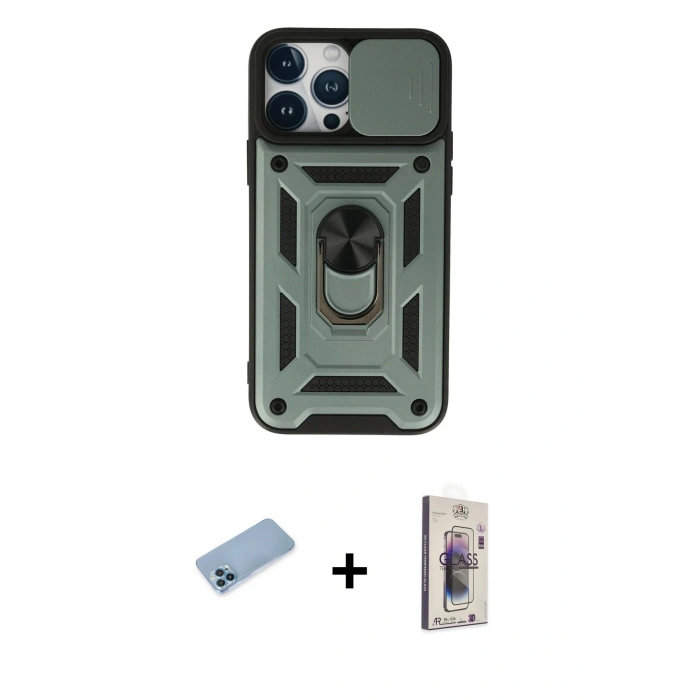 MARSİLYAN™- iPhone 13 Pro Max Kılıf Ahenk Klasik - Siyah Bilvis 3D Cam Ekran Koruyucu + Shine Kamera Lens Koruma Cam - MI
