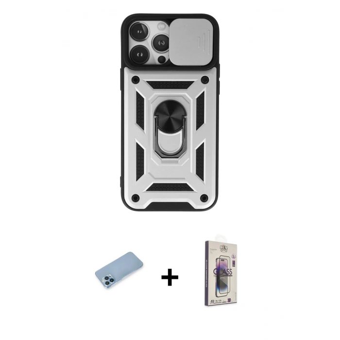 MARSİLYAN™- iPhone 13 Pro Max Kılıf Ahenk Klasik - Siyah Bilvis 3D Cam Ekran Koruyucu + Shine Kamera Lens Koruma Cam - MI