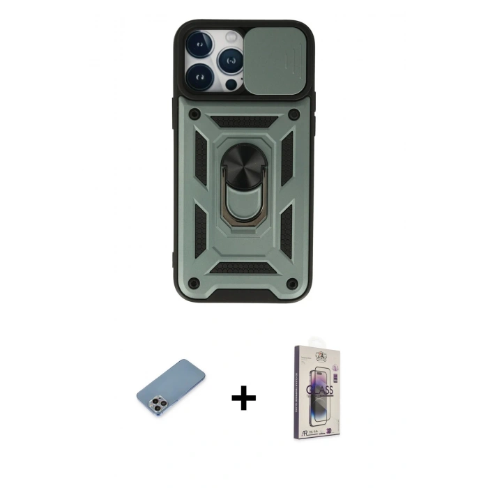 MARSİLYAN™- iPhone 13 Pro Max Kılıf Ahenk Klasik - Siyah Bilvis 3D Cam Ekran Koruyucu + Shine Kamera Lens Koruma Cam - GI
