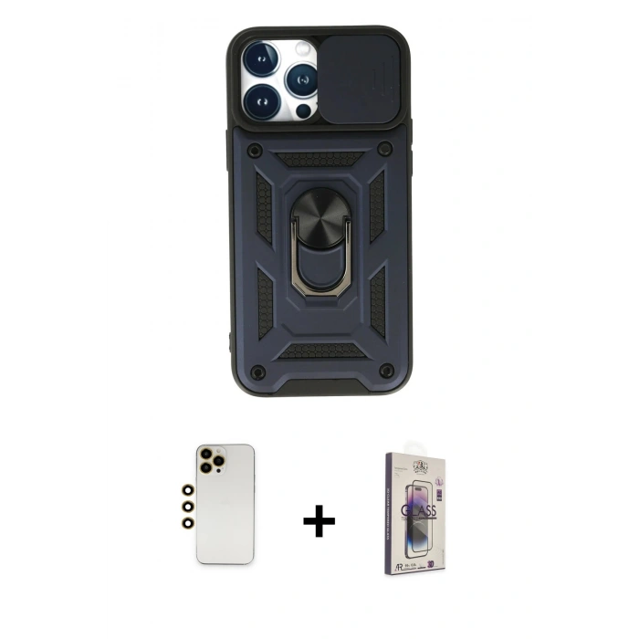 MARSİLYAN™- iPhone 13 Pro Max Kılıf Ahenk Klasik - Siyah Bilvis 3D Cam Ekran Koruyucu + Shine Kamera Lens - GD