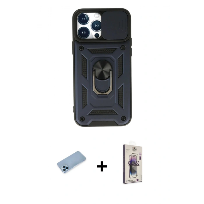 MARSİLYAN™- iPhone 13 Pro Max Kılıf Ahenk Klasik - Siyah Bilvis 3D Cam Ekran Koruyucu + Shine Kamera Lens Koruma Cam - MI
