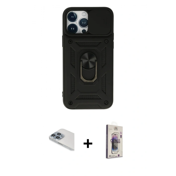 MARSİLYAN™- iPhone 13 Pro Max Kılıf Ahenk Klasik - Siyah Bilvis 3D Cam Ekran Koruyucu + Pers Alüminyum Kamera Lens - SABE