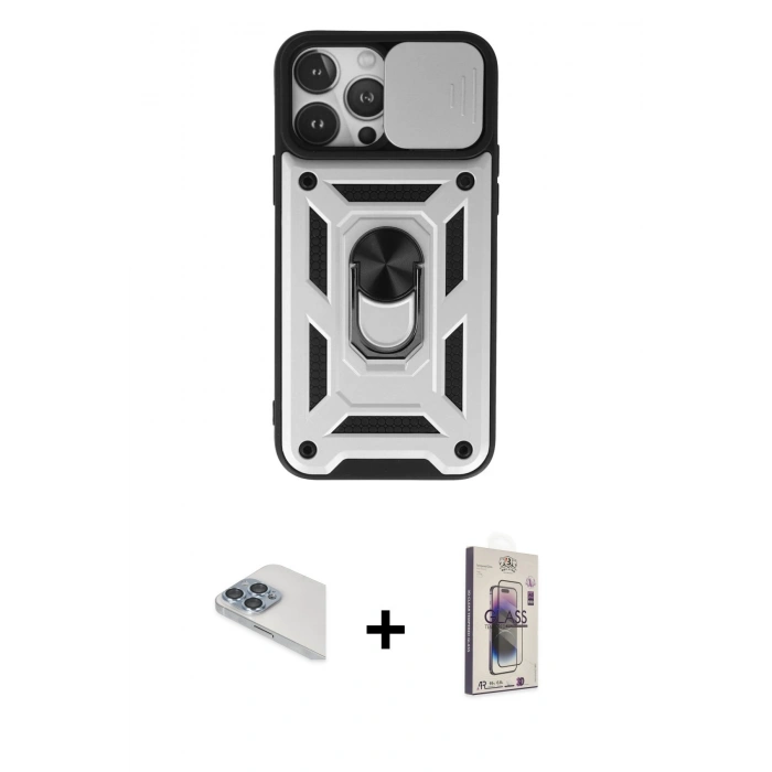 MARSİLYAN™- iPhone 13 Pro Max Kılıf Ahenk Klasik - Siyah Bilvis 3D Cam Ekran Koruyucu + Pers Alüminyum Kamera Lens - SABE