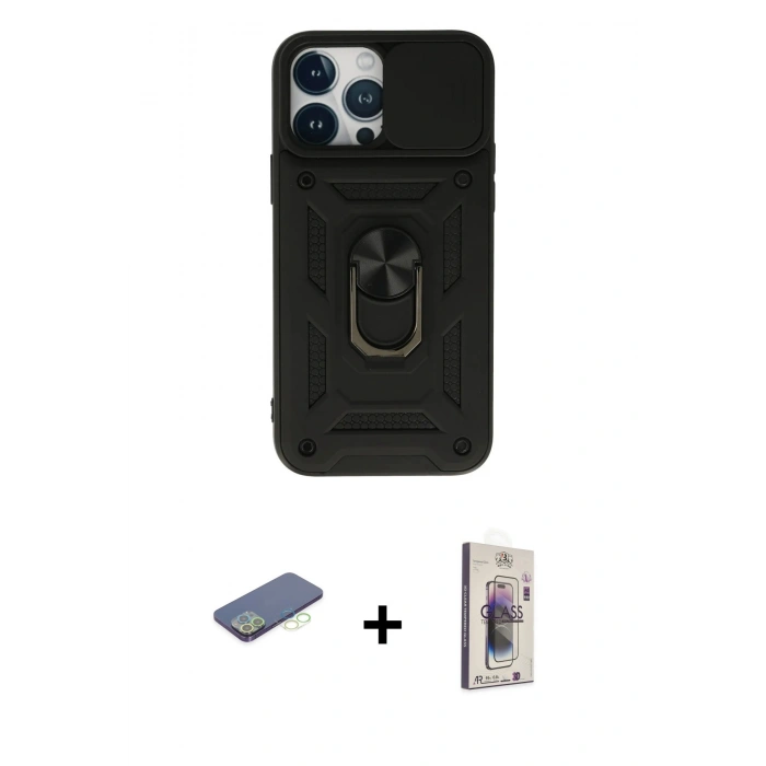 MARSİLYAN™- iPhone 13 Pro Max Kılıf Ahenk Klasik - Siyah Bilvis 3D Cam Ekran Koruyucu + Renkli Kamera Lens Koruma Cam - YL