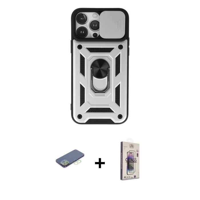 MARSİLYAN™- iPhone 13 Pro Max Kılıf Ahenk Klasik - Siyah Bilvis 3D Cam Ekran Koruyucu + Renkli Kamera Lens Koruma Cam - YL