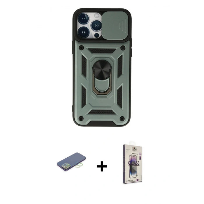 MARSİLYAN™- iPhone 13 Pro Max Kılıf Ahenk Klasik - Siyah Bilvis 3D Cam Ekran Koruyucu + Renkli Kamera Lens Koruma Cam - YL