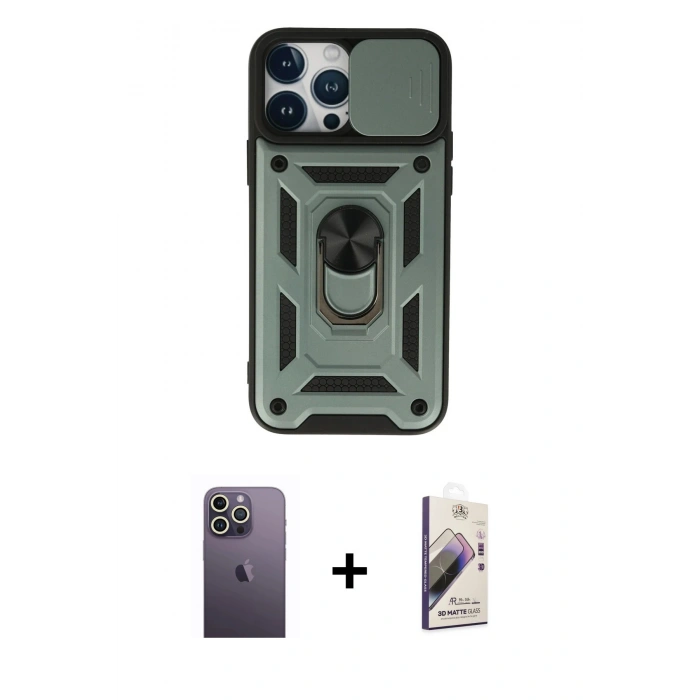 MARSİLYAN™- iPhone 13 Pro Max Kılıf Ahenk Klasik - Siyah Bilvis 3D Mat Cam Ekran Koruyucu + Neon Fosforlu Kamera Lens - BZ