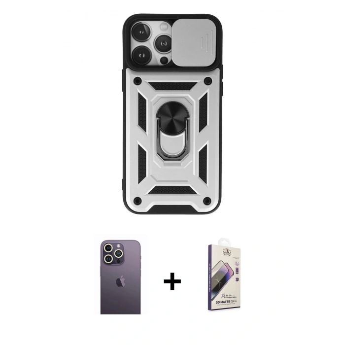MARSİLYAN™- iPhone 13 Pro Max Kılıf Ahenk Klasik - Siyah Bilvis 3D Mat Cam Ekran Koruyucu + Neon Fosforlu Kamera Lens - BZ