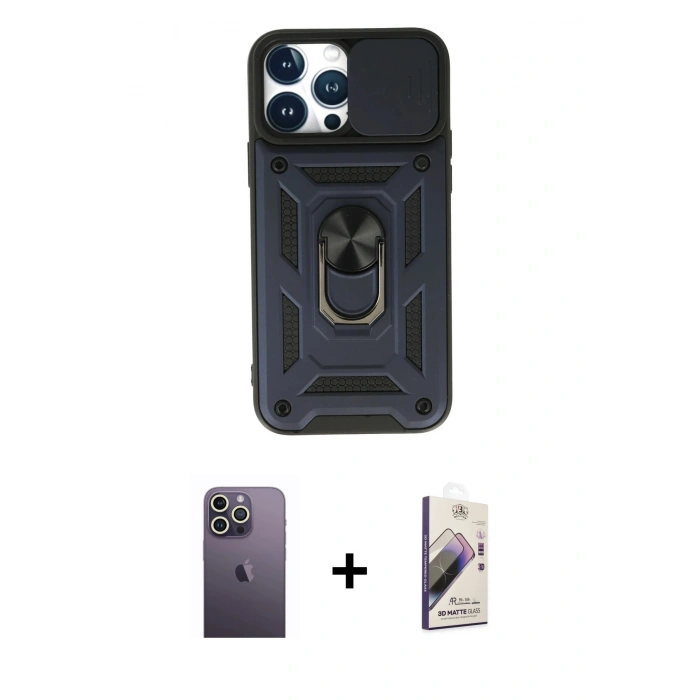 MARSİLYAN™- iPhone 13 Pro Max Kılıf Ahenk Klasik - Siyah Bilvis 3D Mat Cam Ekran Koruyucu + Neon Fosforlu Kamera Lens - BZ