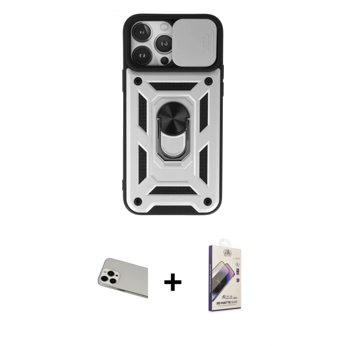 MARSİLYAN™- iPhone 13 Pro Max Kılıf Ahenk Klasik - Siyah Bilvis 3D Mat Cam Ekran Koruyucu + Rainbow Kamera Lens Koruma Cam - BZ