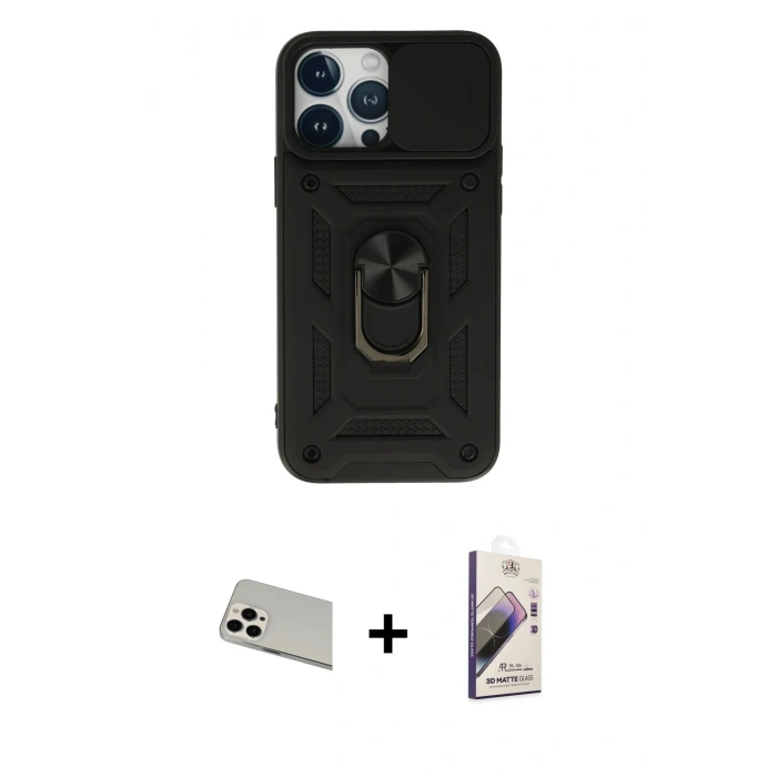 MARSİLYAN™- iPhone 13 Pro Max Kılıf Ahenk Klasik - Siyah Bilvis 3D Mat Cam Ekran Koruyucu + Rainbow Kamera Lens Koruma Cam - BZ