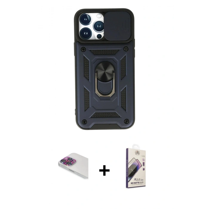 MARSİLYAN™- iPhone 13 Pro Max Kılıf Ahenk Klasik - Siyah Bilvis 3D Mat Cam Ekran Koruyucu + Pers Alüminyum Kamera Lens - GI