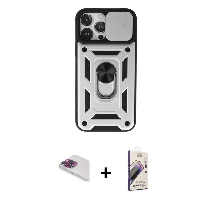 MARSİLYAN™- iPhone 13 Pro Max Kılıf Ahenk Klasik - Siyah Bilvis 3D Mat Cam Ekran Koruyucu + Pers Alüminyum Kamera Lens - GI
