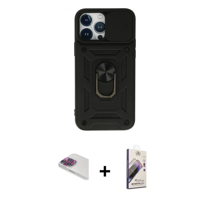 MARSİLYAN™- iPhone 13 Pro Max Kılıf Ahenk Klasik - Siyah Bilvis 3D Mat Cam Ekran Koruyucu + Pers Alüminyum Kamera Lens - GI