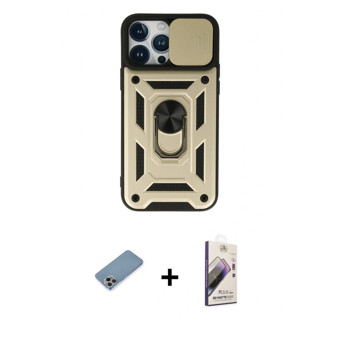 MARSİLYAN™- iPhone 13 Pro Max Kılıf Ahenk Klasik - Siyah Bilvis 3D Mat Cam Ekran Koruyucu + Shine Kamera Lens Koruma Cam - GI