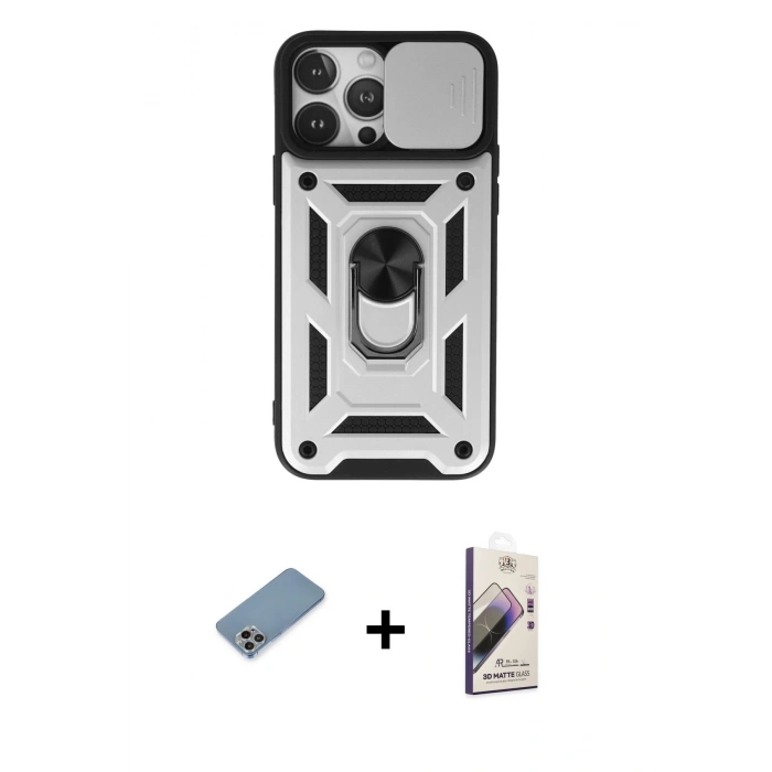 MARSİLYAN™- iPhone 13 Pro Max Kılıf Ahenk Klasik - Siyah Bilvis 3D Mat Cam Ekran Koruyucu + Shine Kamera Lens Koruma Cam - GI