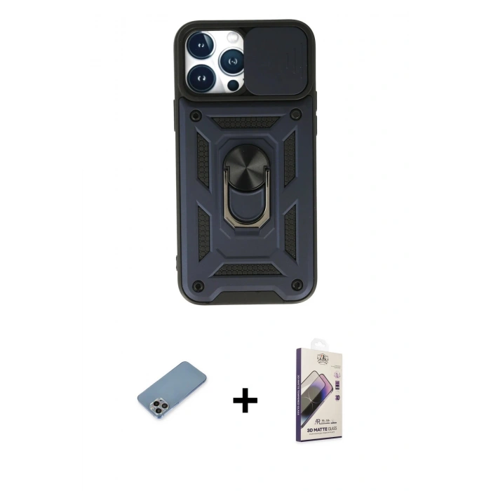 MARSİLYAN™- iPhone 13 Pro Max Kılıf Ahenk Klasik - Siyah Bilvis 3D Mat Cam Ekran Koruyucu + Shine Kamera Lens Koruma Cam - GI