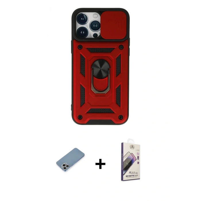 MARSİLYAN™- iPhone 13 Pro Max Kılıf Ahenk Klasik - Siyah Bilvis 3D Mat Cam Ekran Koruyucu + Shine Kamera Lens Koruma Cam - GI