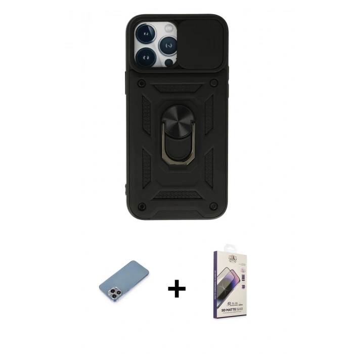MARSİLYAN™- iPhone 13 Pro Max Kılıf Ahenk Klasik - Siyah Bilvis 3D Mat Cam Ekran Koruyucu + Shine Kamera Lens Koruma Cam - GI