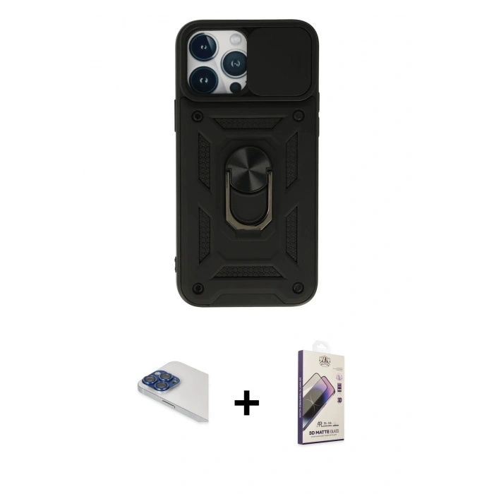MARSİLYAN™- iPhone 13 Pro Max Kılıf Ahenk Klasik - Siyah Bilvis 3D Mat Cam Ekran Koruyucu + Lacivert Pers Alüminyum Kamera Lens