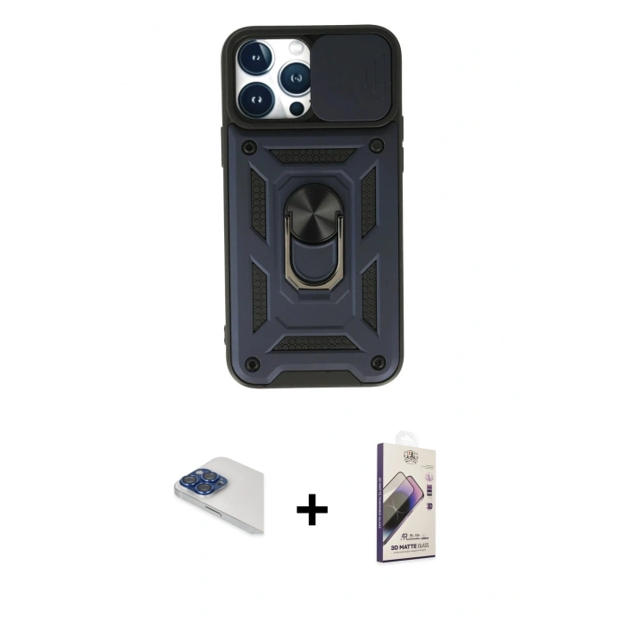 MARSİLYAN™- iPhone 13 Pro Max Kılıf Ahenk Klasik - Siyah Bilvis 3D Mat Cam Ekran Koruyucu + Lacivert Pers Alüminyum Kamera Lens