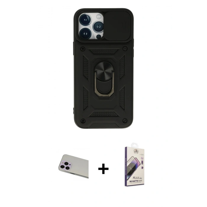MARSİLYAN™- iPhone 13 Pro Max Kılıf Ahenk Klasik - Siyah Bilvis 3D Mat Cam Ekran Koruyucu + Mor Rainbow Kamera Lens Koruma Cam
