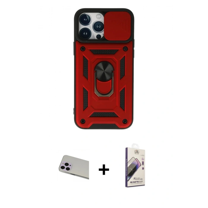 MARSİLYAN™- iPhone 13 Pro Max Kılıf Ahenk Klasik - Siyah Bilvis 3D Mat Cam Ekran Koruyucu + Mor Rainbow Kamera Lens Koruma Cam
