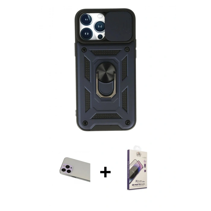 MARSİLYAN™- iPhone 13 Pro Max Kılıf Ahenk Klasik - Siyah Bilvis 3D Mat Cam Ekran Koruyucu + Mor Rainbow Kamera Lens Koruma Cam