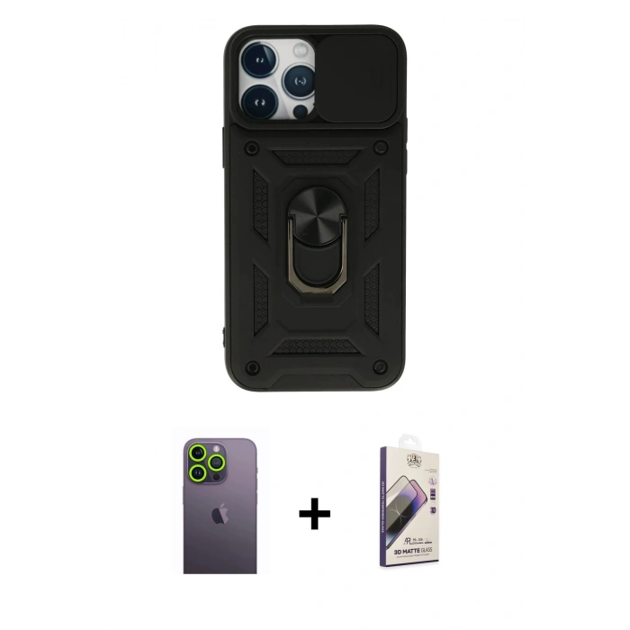 MARSİLYAN™- iPhone 13 Pro Max Kılıf Ahenk Klasik - Siyah Bilvis 3D Mat Cam Ekran Koruyucu + Neon Fosforlu Kamera Lens - YL